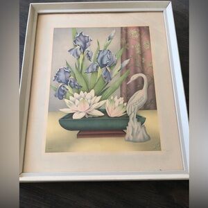 Vintage GOES art print 1940s Stork Irises Print In 15x18"Wood Frame Cottage Core